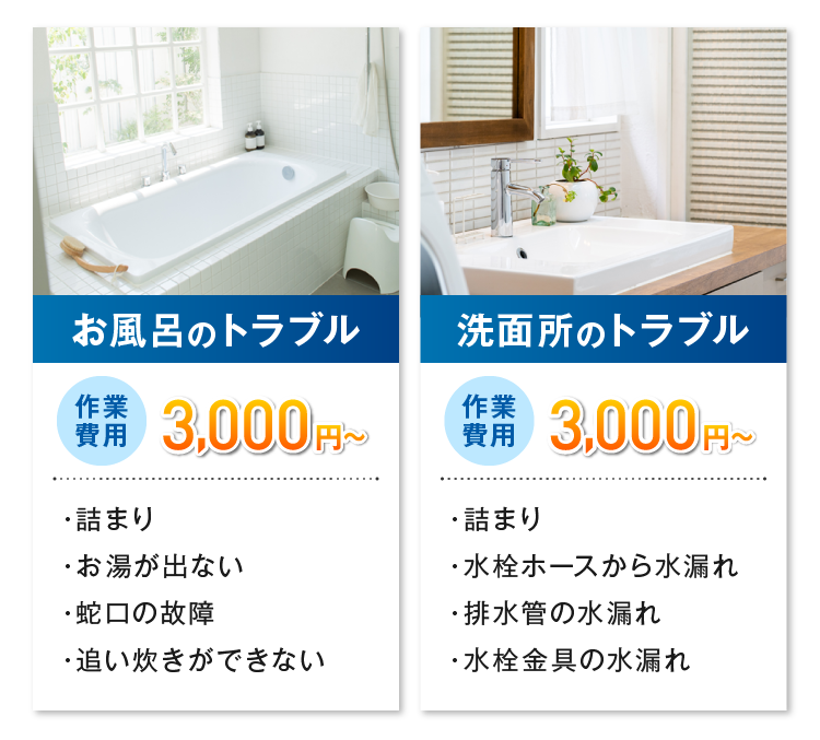 お風呂のトラブル、洗面所のトラブル、作業費用3,000円～