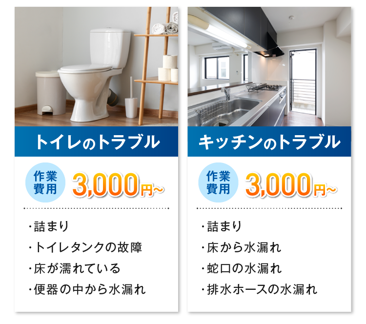 トイレのトラブル、キッチンのトラブル、作業費用3,000円～